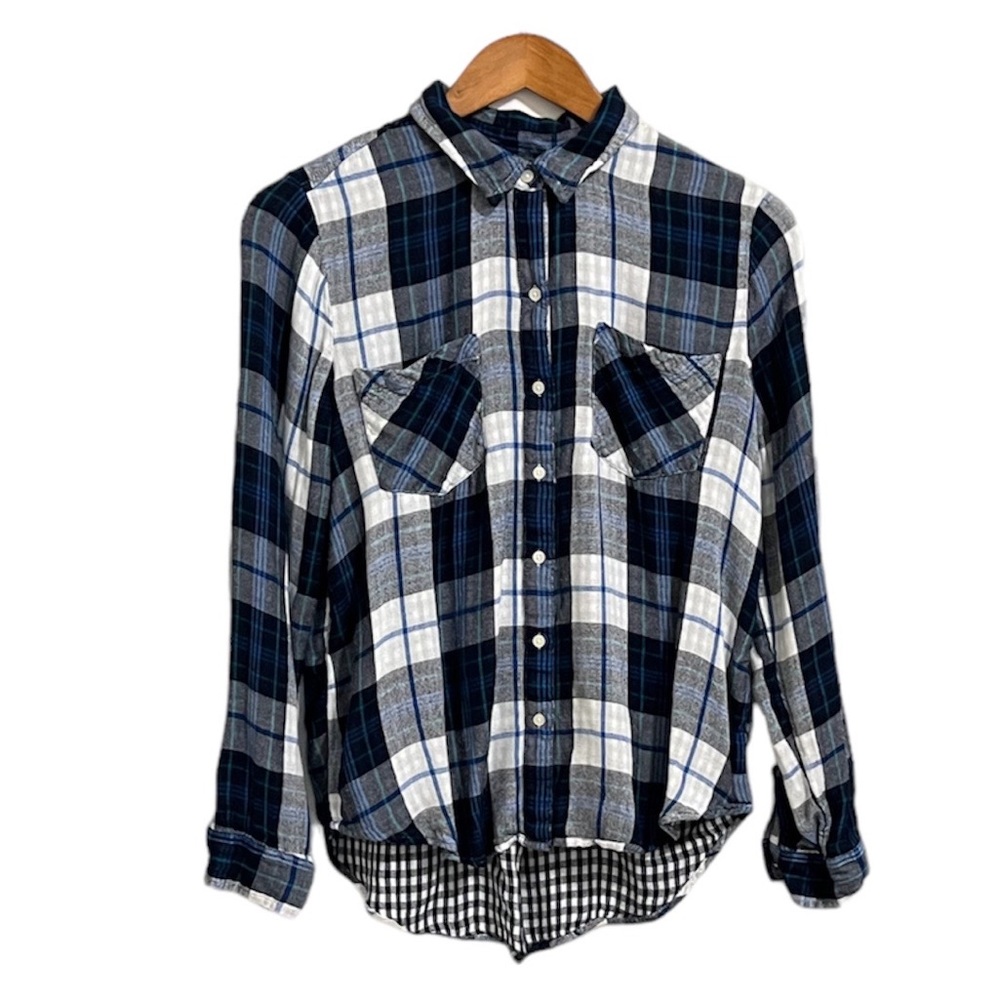 Lucky Brand Flannel Long Sleeve Shirt Size Medium Blue White Fall Boho